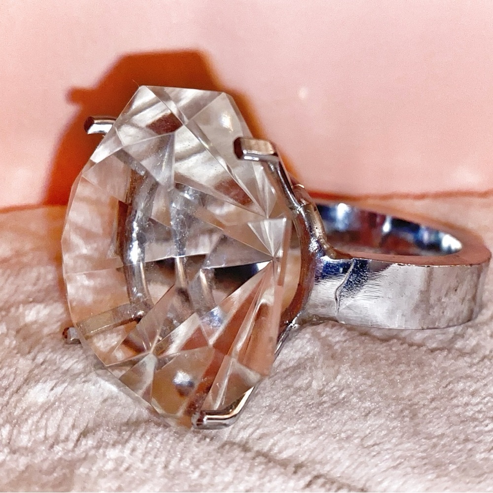 DIAMOND RING Home Decor 2” x 3” Silver Tone and Clear Glass Stone For Decor Only